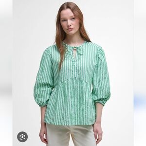 Barbour 99% Cotton Peasant Peplum Green White Stripe Blouse Size 6